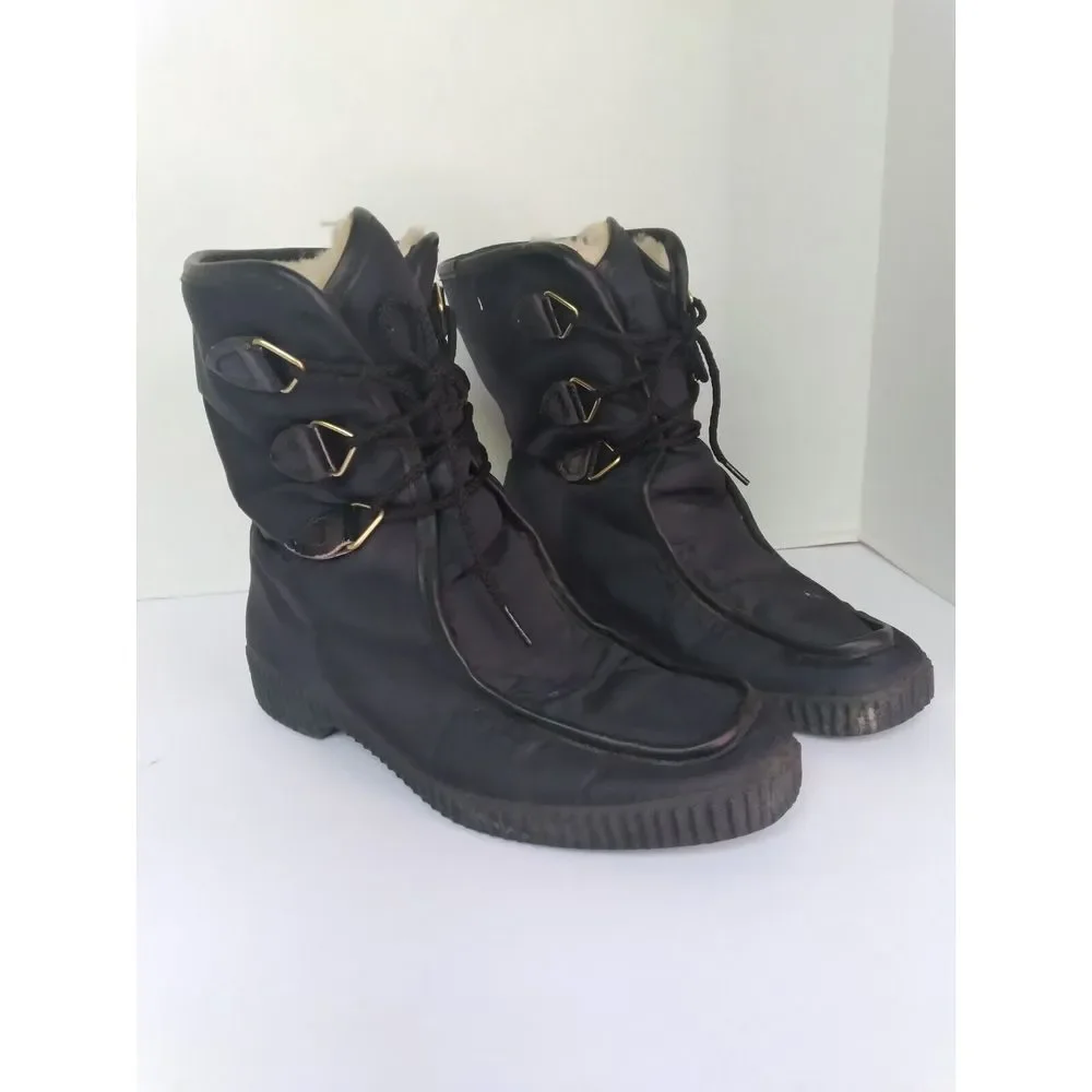 Winter Snow Boots Black Nylon Lace Up Warm Ankle‎ Boots